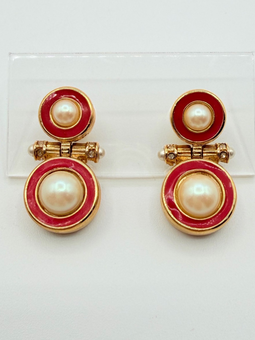 Vintage Richelieu Red Enamel & Faux Pearl Gold Tone Drop Earrings